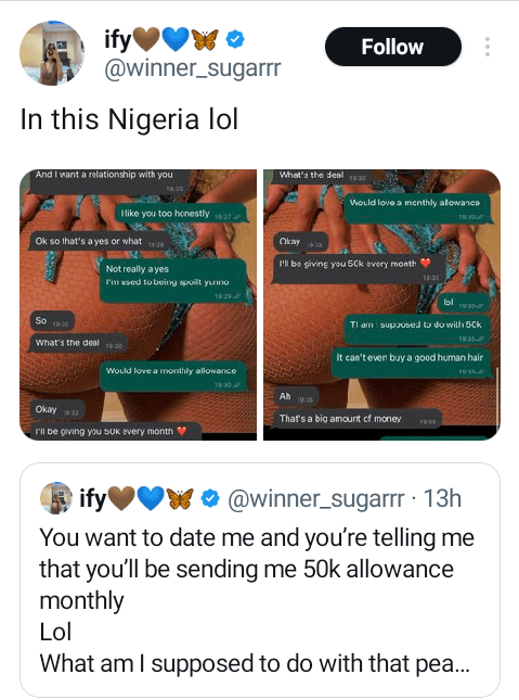 What am I supposed to do with that peanut? - Nigerian lady mocks man who said he will give her N50k monthly allowance if she agrees to date him