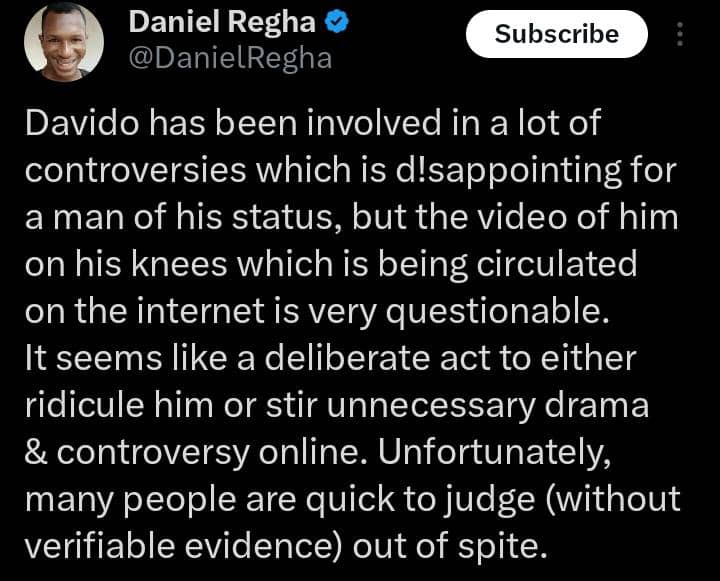 Daniel Regha defends Davido over his recent viral video